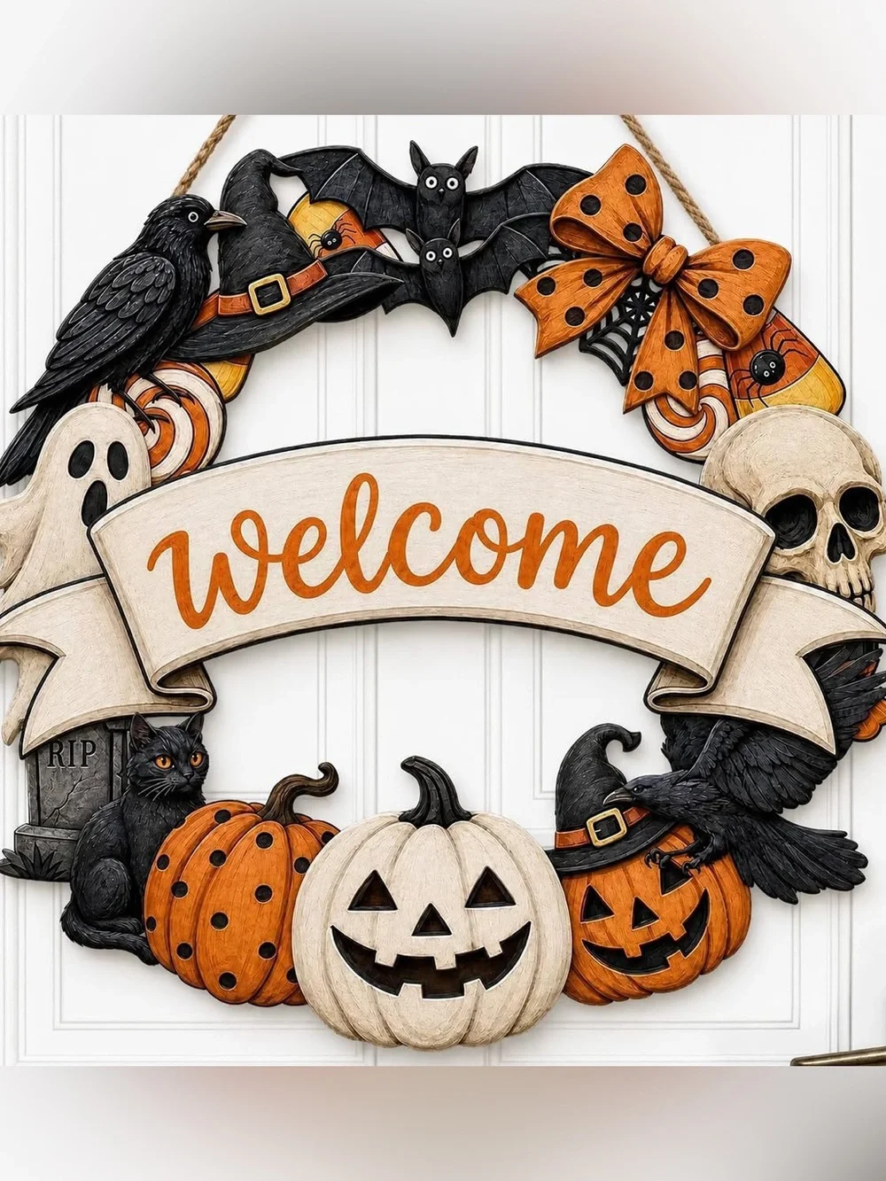 Halloween Welcome Wreath Door Hanging - Orange, Black & White